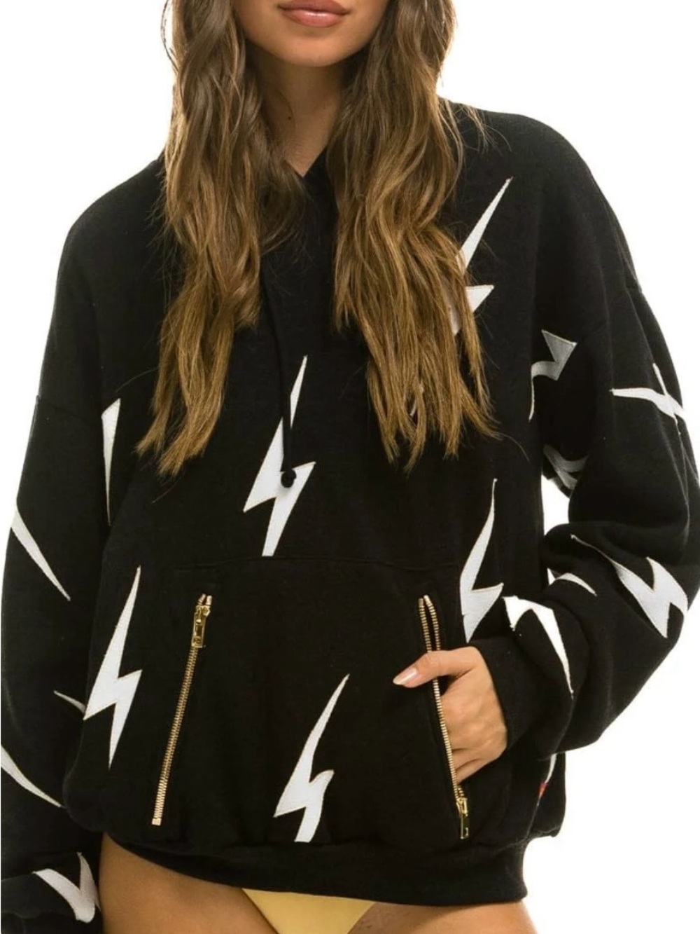 Women’s Black Lightning Bolt Hoodie with Gold Zippers